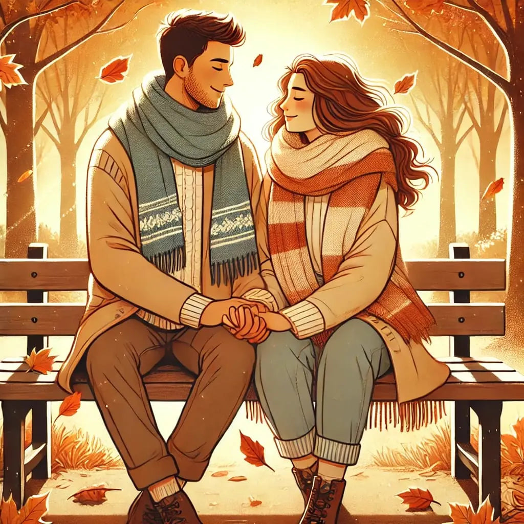 Romantisches Paar sitzt eingekuschelt auf einer Parkbank im goldenen Herbst – Illustration in warmen Farben mit fallenden Blättern.