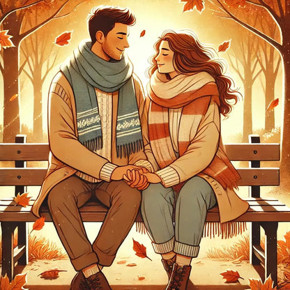 Romantisches Paar sitzt eingekuschelt auf einer Parkbank im goldenen Herbst – Illustration in warmen Farben mit fallenden Blättern.