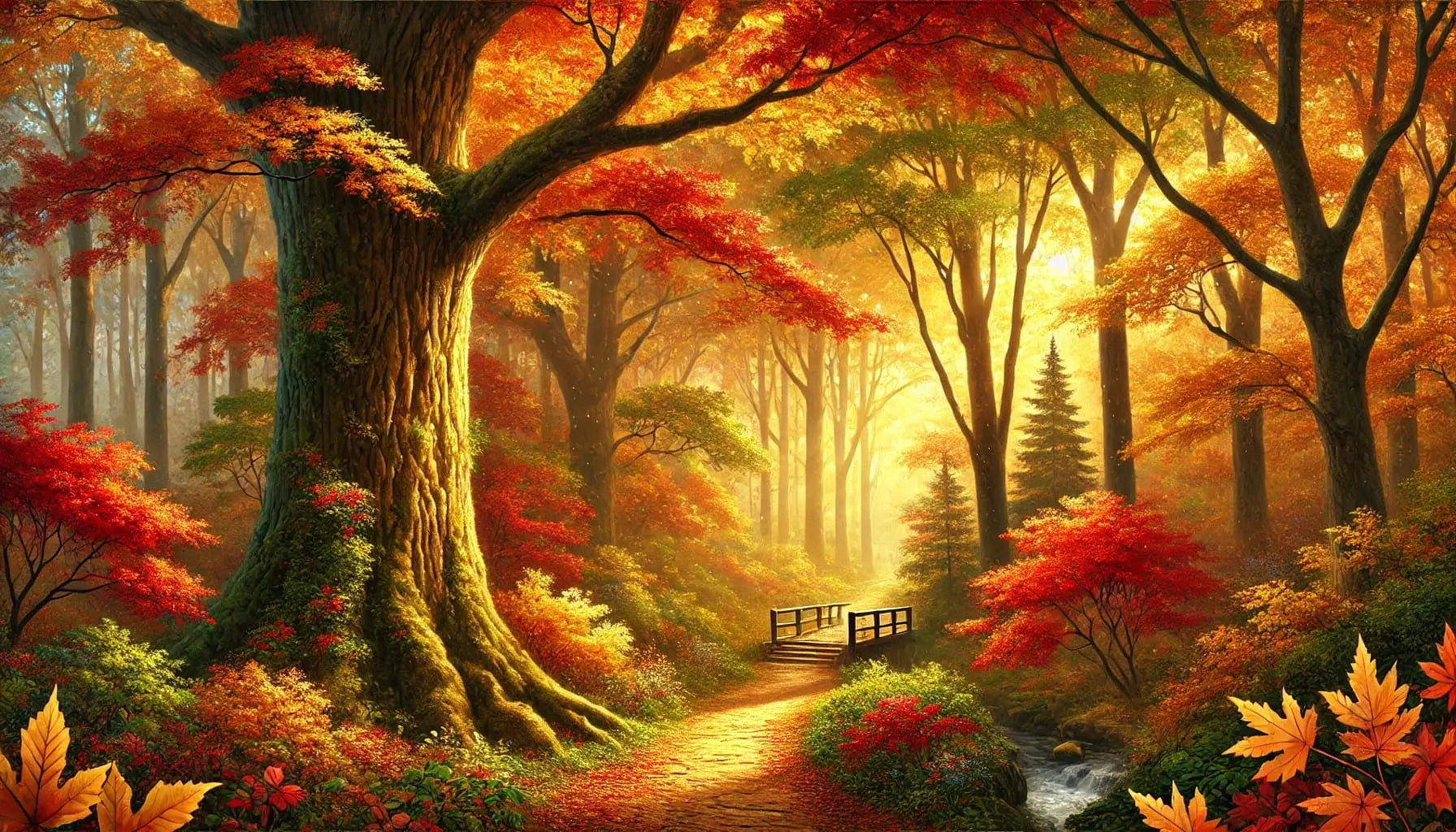 Mystischer Wald mit orange-goldenem Herbstlaub und Lichtstimmung