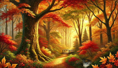 Mystischer Wald mit orange-goldenem Herbstlaub und Lichtstimmung