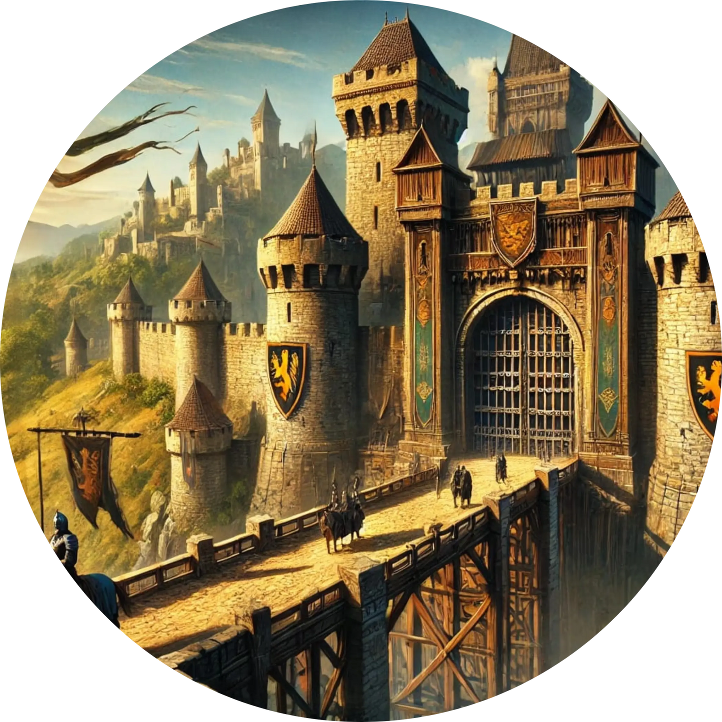 Mächtige Burg mit Zinnen und Zugbrücke auf einem Hügel, heroisch inszeniert.