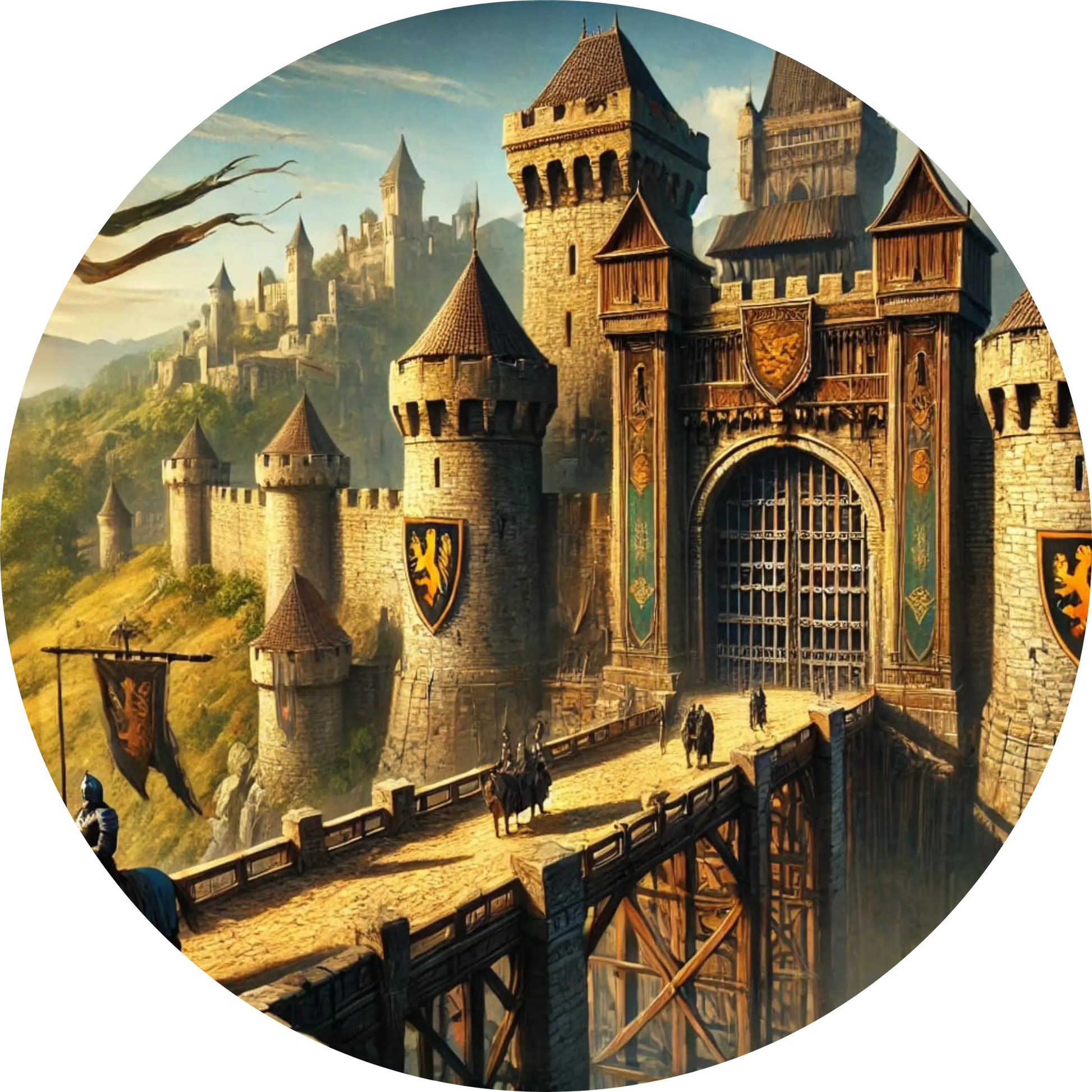 Mächtige Burg mit Zinnen und Zugbrücke auf einem Hügel, heroisch inszeniert.