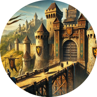Mächtige Burg mit Zinnen und Zugbrücke auf einem Hügel, heroisch inszeniert.