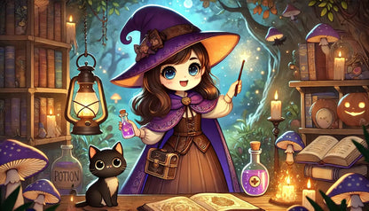 Junge Hexe in Bibliothek braut Zaubertrank mit schwarzer Katze