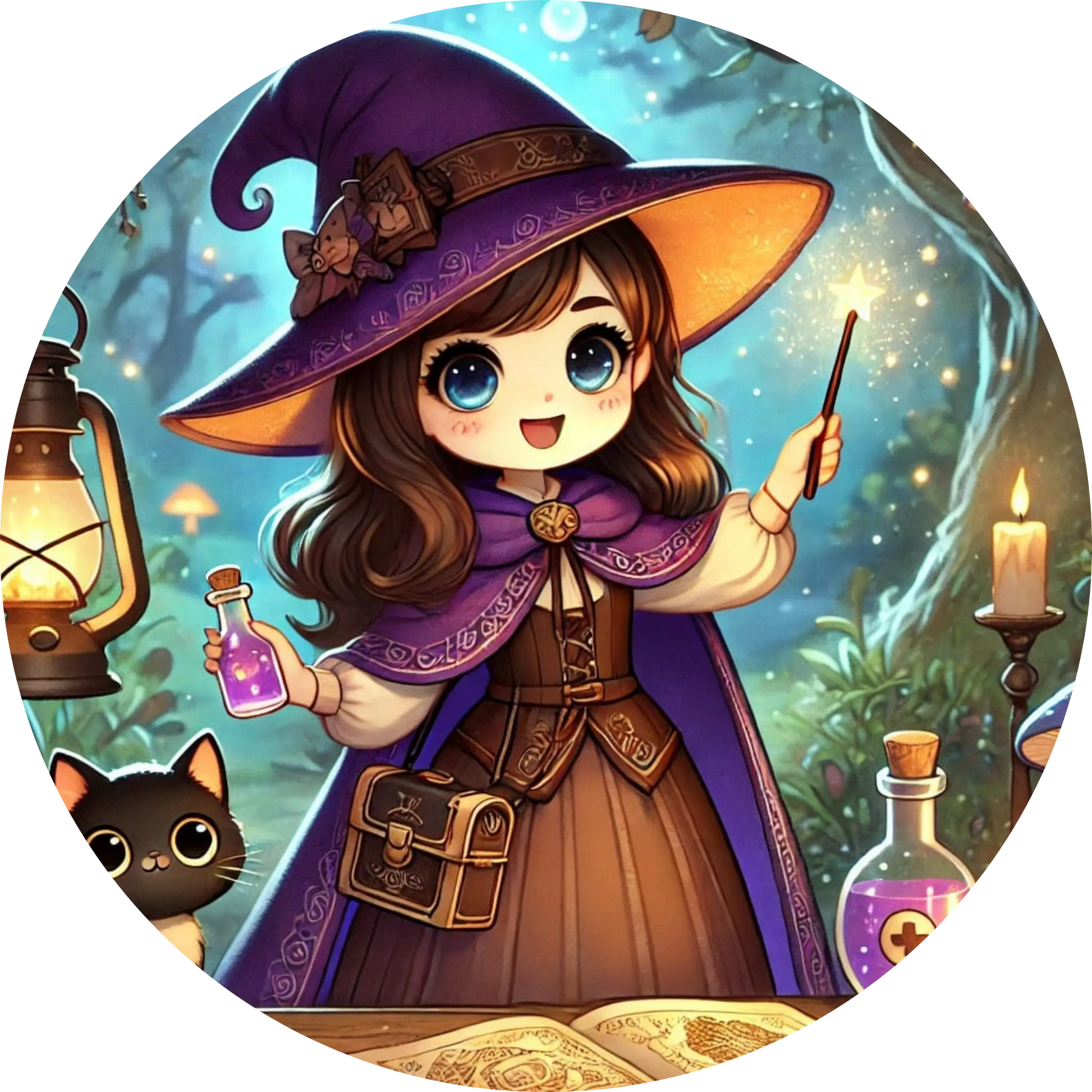 Kleine Hexe mit lila Hut und Zauberbuch im Garten