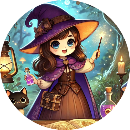 Kleine Hexe mit lila Hut und Zauberbuch im Garten