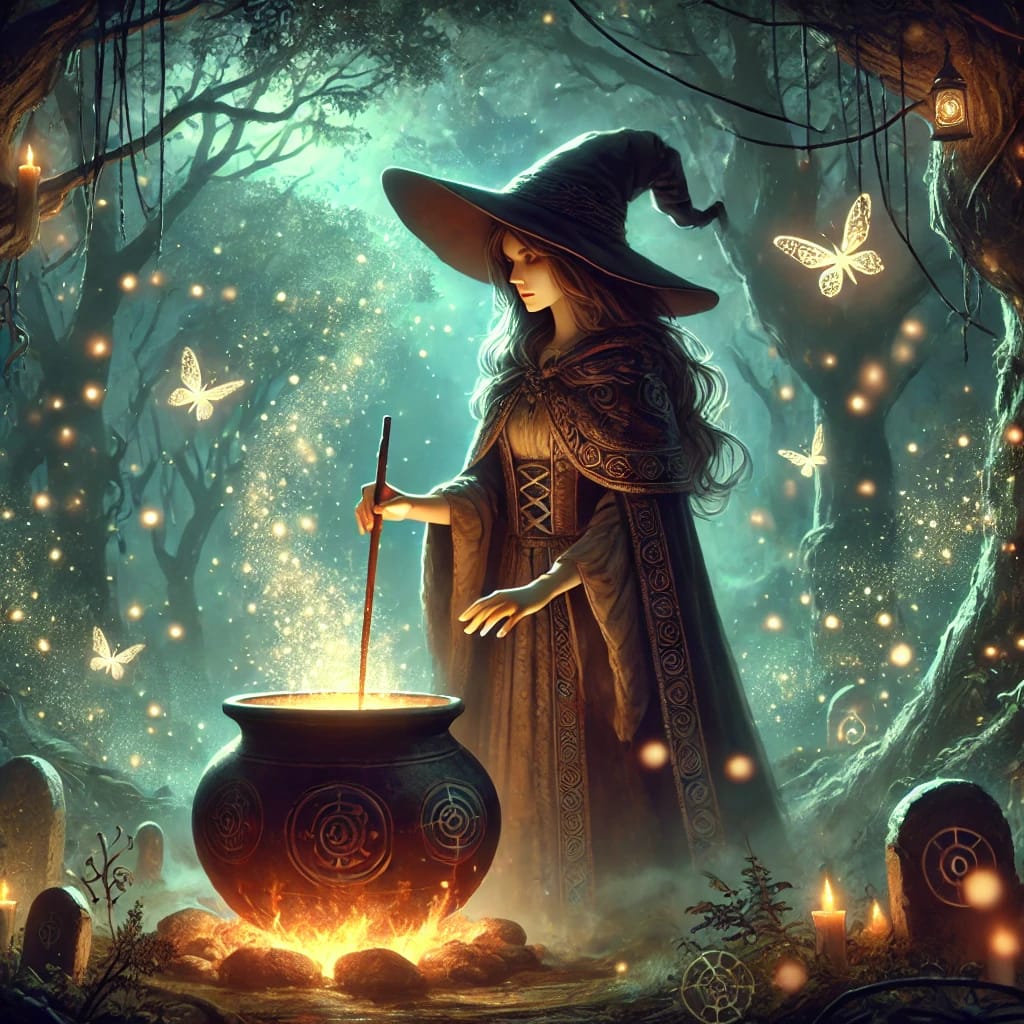 Hexe mit Zauberhut und Umhang rührt in einem leuchtenden Kessel in einem verwunschenen Wald.