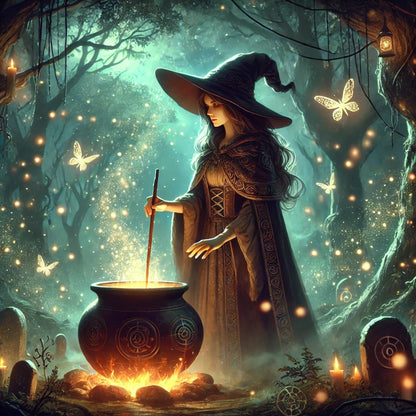 Hexe mit Zauberhut und Umhang rührt in einem leuchtenden Kessel in einem verwunschenen Wald.