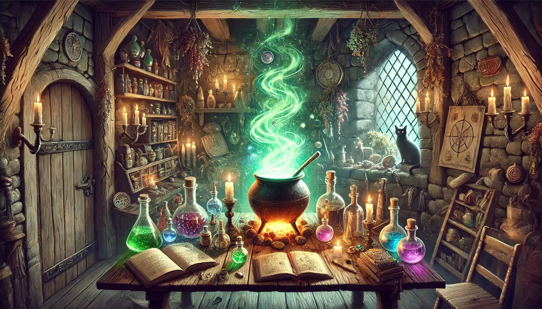 Mystisches Hexenlabor mit dampfendem Zaubertrank in einem Kupferkessel, umgeben von leuchtenden Zaubertrankflaschen, alten Büchern und einer schwarzen Katze auf dem Fensterbrett – detailreiche Fantasy-Szene mit warmem Kerzenschein.