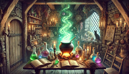 Mystisches Hexenlabor mit dampfendem Zaubertrank in einem Kupferkessel, umgeben von leuchtenden Zaubertrankflaschen, alten Büchern und einer schwarzen Katze auf dem Fensterbrett – detailreiche Fantasy-Szene mit warmem Kerzenschein.