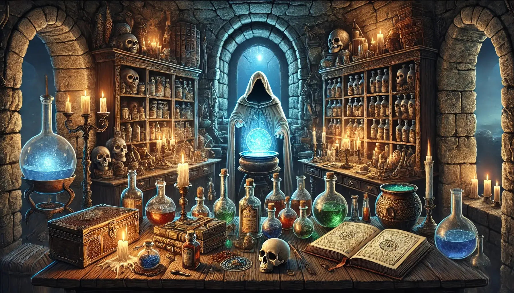 Mystisches Zauberlabor mit leuchtendem Kristall, unzähligen Tränken, Totenköpfen und einem verhüllten Zauberer – geheimnisvolle Alchemie-Szene.