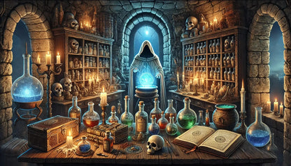 Mystisches Zauberlabor mit leuchtendem Kristall, unzähligen Tränken, Totenköpfen und einem verhüllten Zauberer – geheimnisvolle Alchemie-Szene.