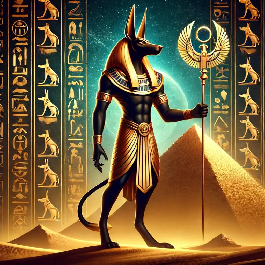 Symbolische Darstellung des ägyptischen Gottes Anubis mit Schakalkopf, im goldenen Licht vor Pyramiden, umgeben von Hieroglyphen und ägyptischen Symbolen.