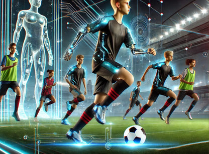 Futuristische Szene mit Jungen beim High-Tech-Fußballspiel in digitalem Stadion.