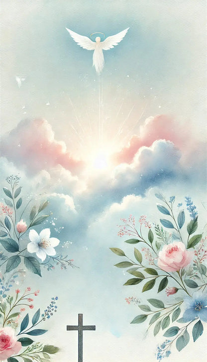 Himmel mit Licht, Taube, Wolken und floralen Elementen – festlicher Segen zur Taufe oder Kommunion