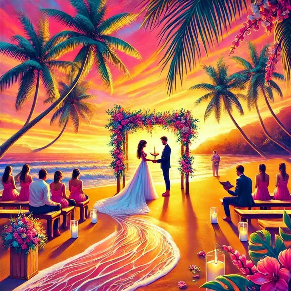 Romantische Strandhochzeit bei Sonnenuntergang mit blumengeschmücktem Traubogen und Palmen