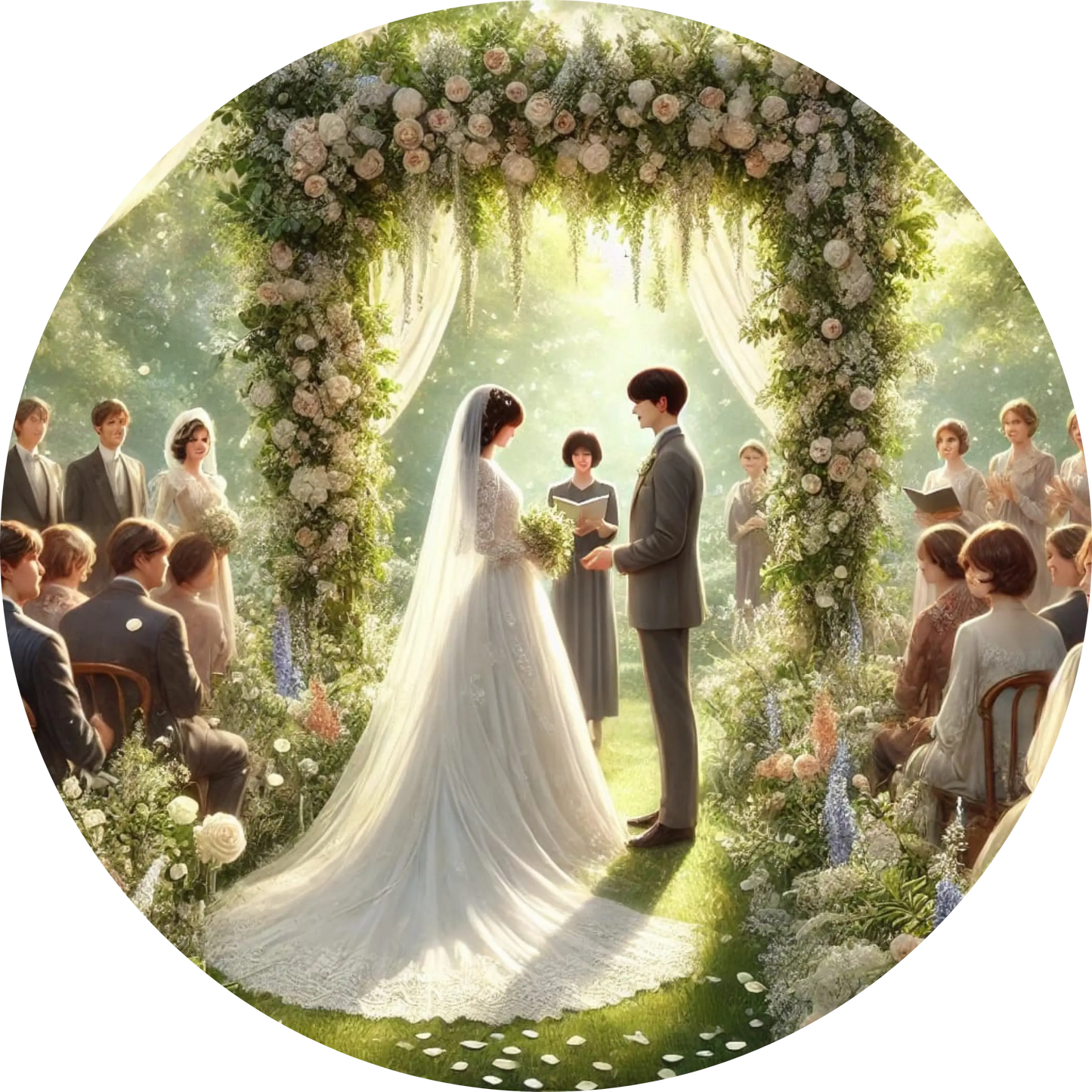 Hochzeit im Freien unter einem floralen Bogen, Gäste im Hintergrund