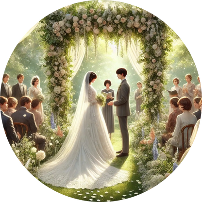 Hochzeit im Freien unter einem floralen Bogen, Gäste im Hintergrund