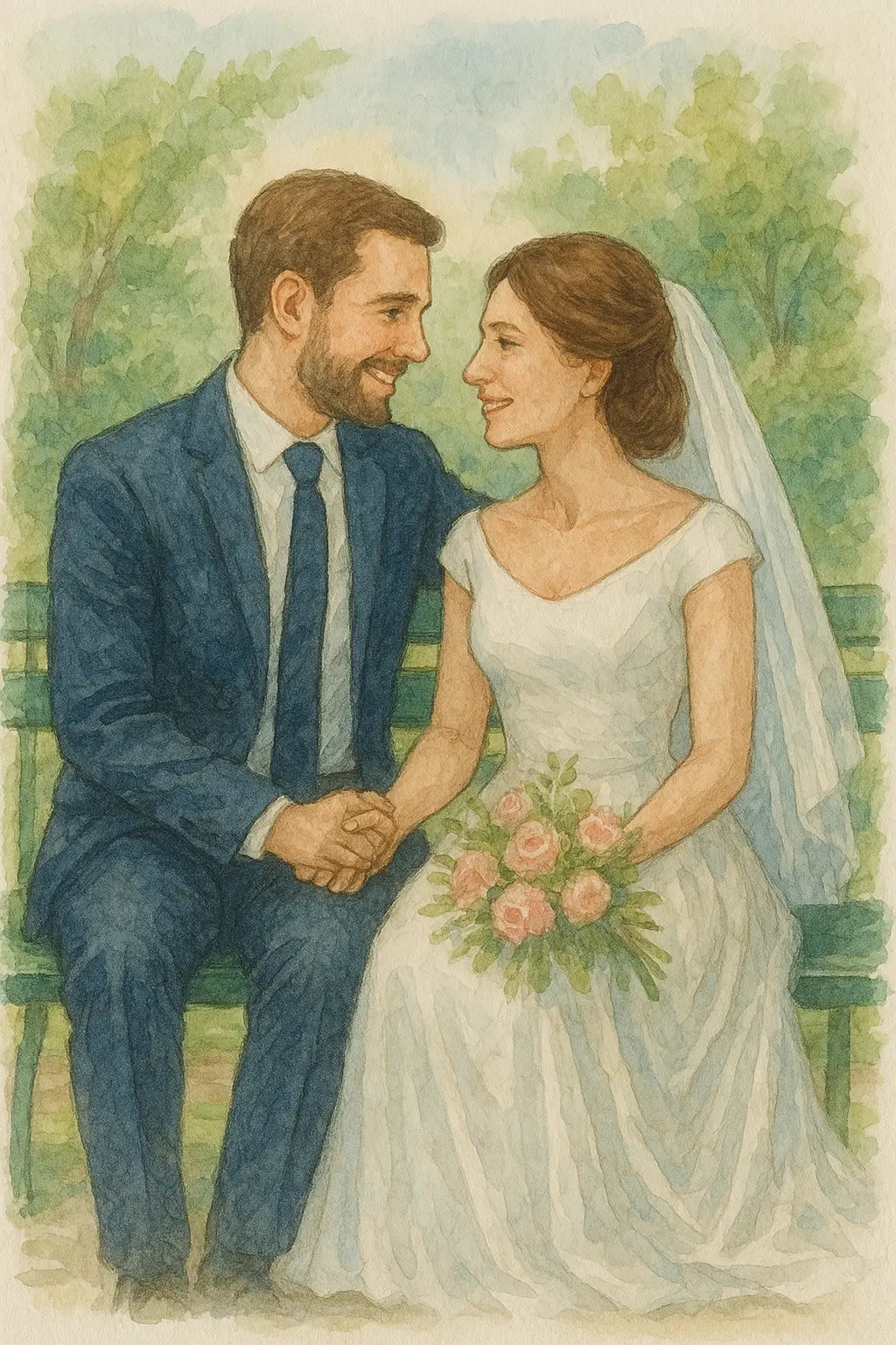 Hochzeitspaar sitzt auf einer Bank im Park, schaut sich verliebt an – sie hält einen Blumenstrauß, beide lächeln einander an.