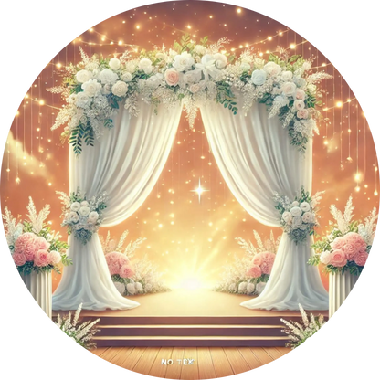 Traumhafter Hochzeitsbogen mit Lichterkette, Blumen und weichem Licht.