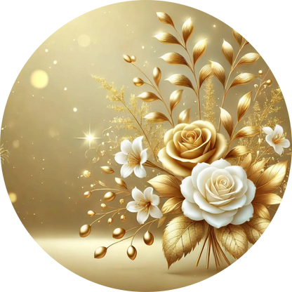 Goldene Eheringe mit Rosen – luxuriöses Hochzeitsmotiv