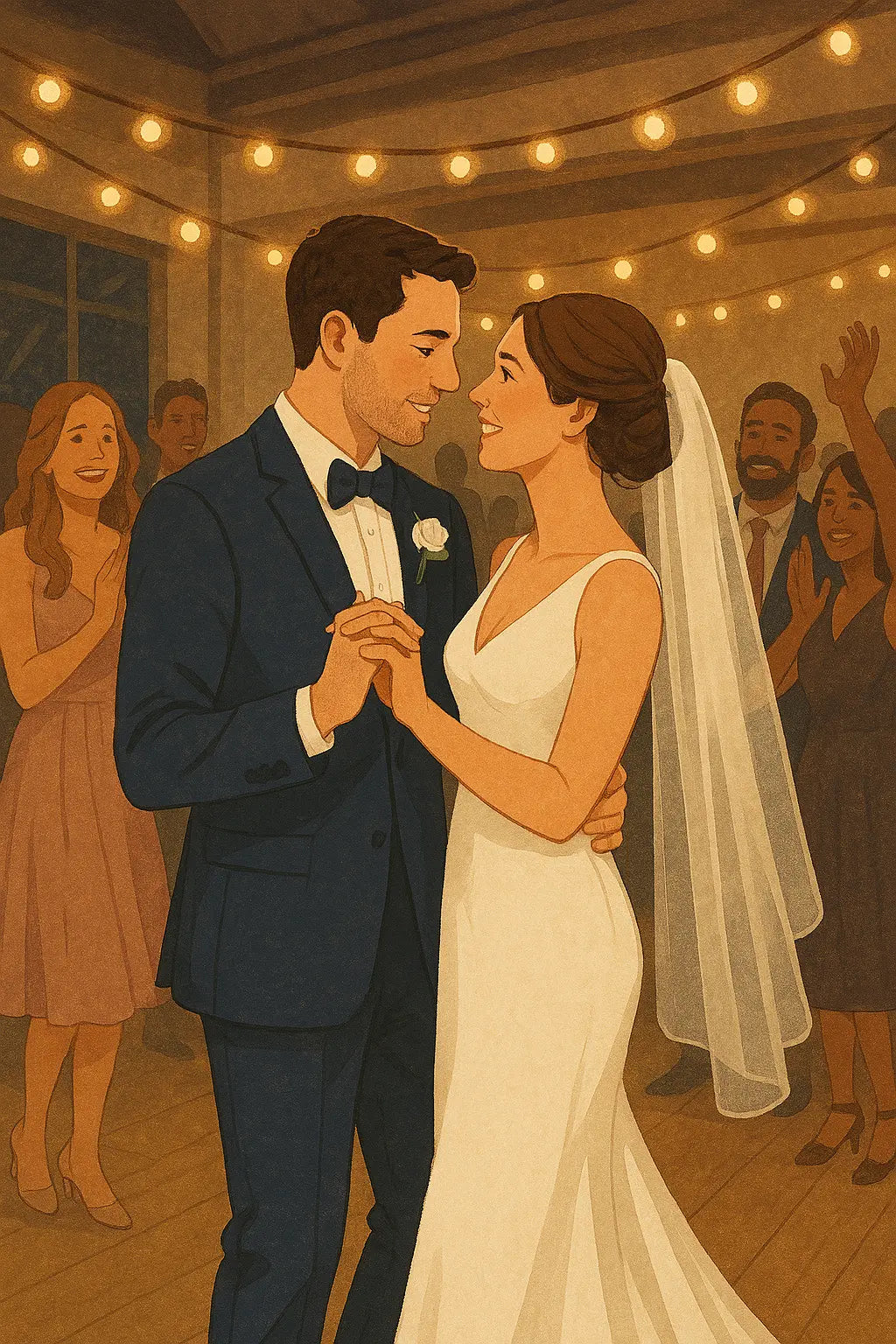 Hochzeitstanz bei abendlicher Feier – das Paar tanzt unter Lichterketten, umgeben von applaudierenden Gästen.