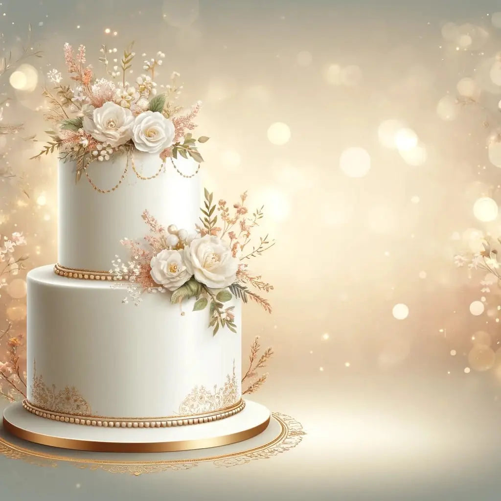 Zweistöckige Hochzeitstorte mit floralen Details
Elegante weiße Hochzeitstorte mit goldenen Akzenten und zarten Blüten – kunstvoll arrangiert auf einem schimmernden Untergrund.
