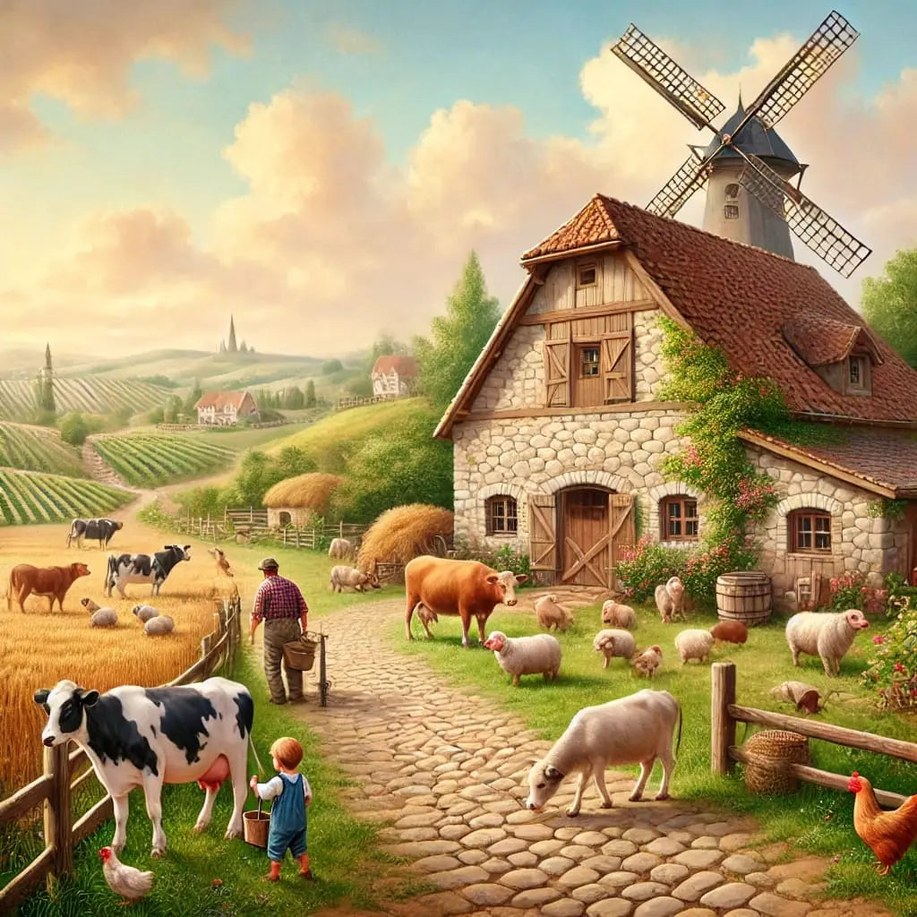 Idyllischer Hof mit Kühen im Vordergrund und Wald im Hintergrund.