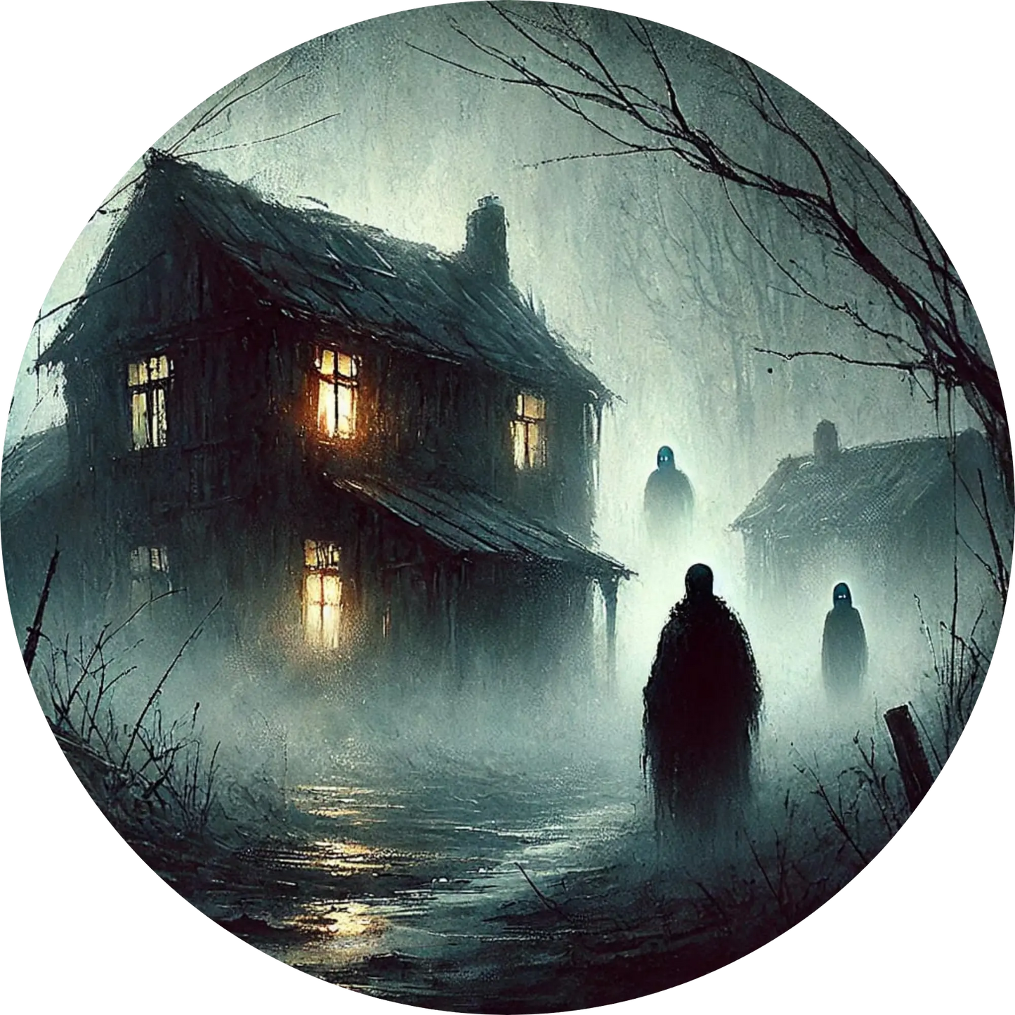 Vernebeltes Haus mit dunkler Gestalt im Vordergrund