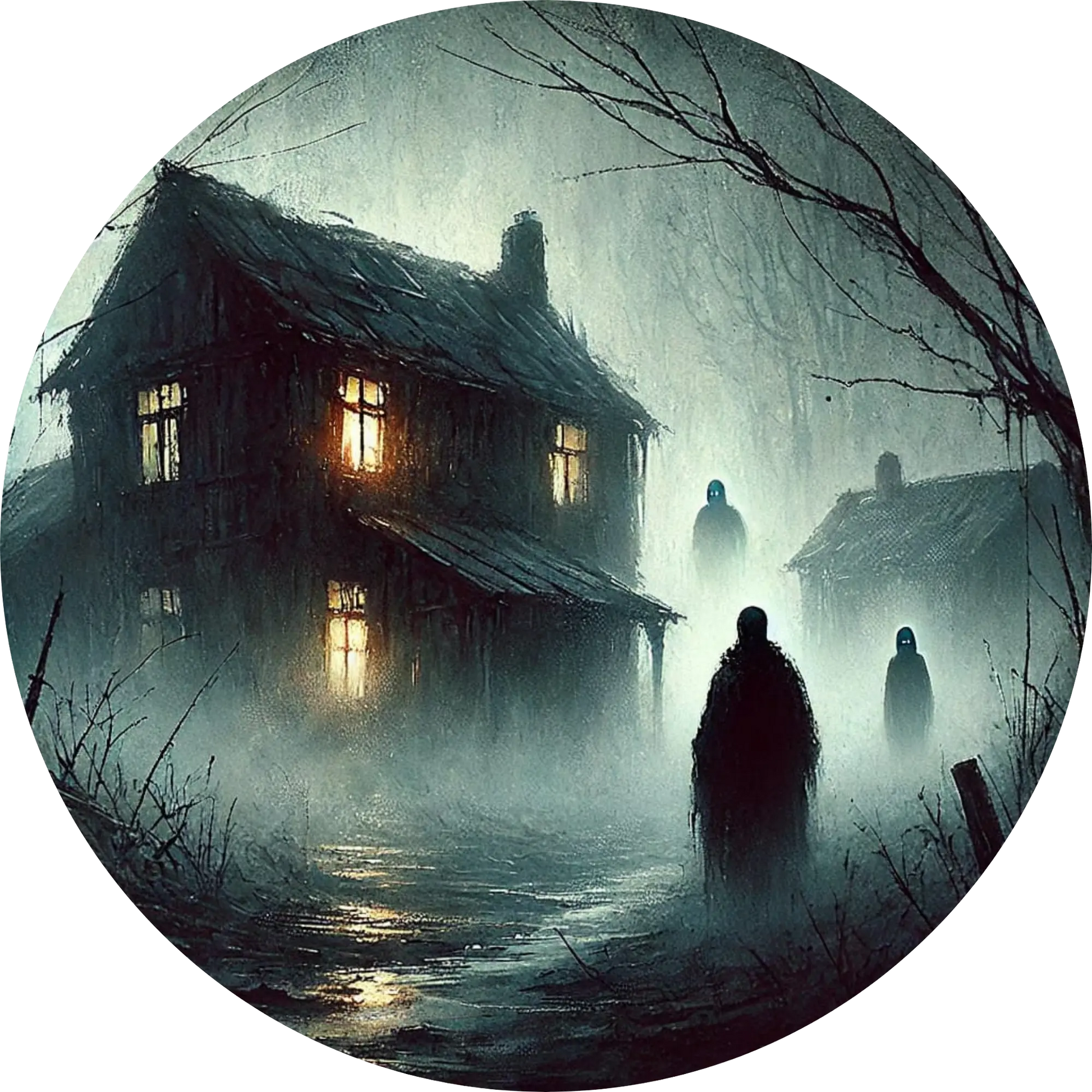 Vernebeltes Haus mit dunkler Gestalt im Vordergrund