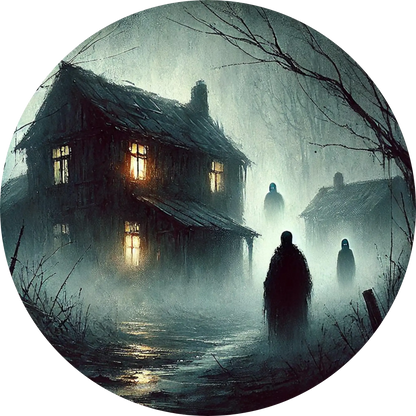 Vernebeltes Haus mit dunkler Gestalt im Vordergrund