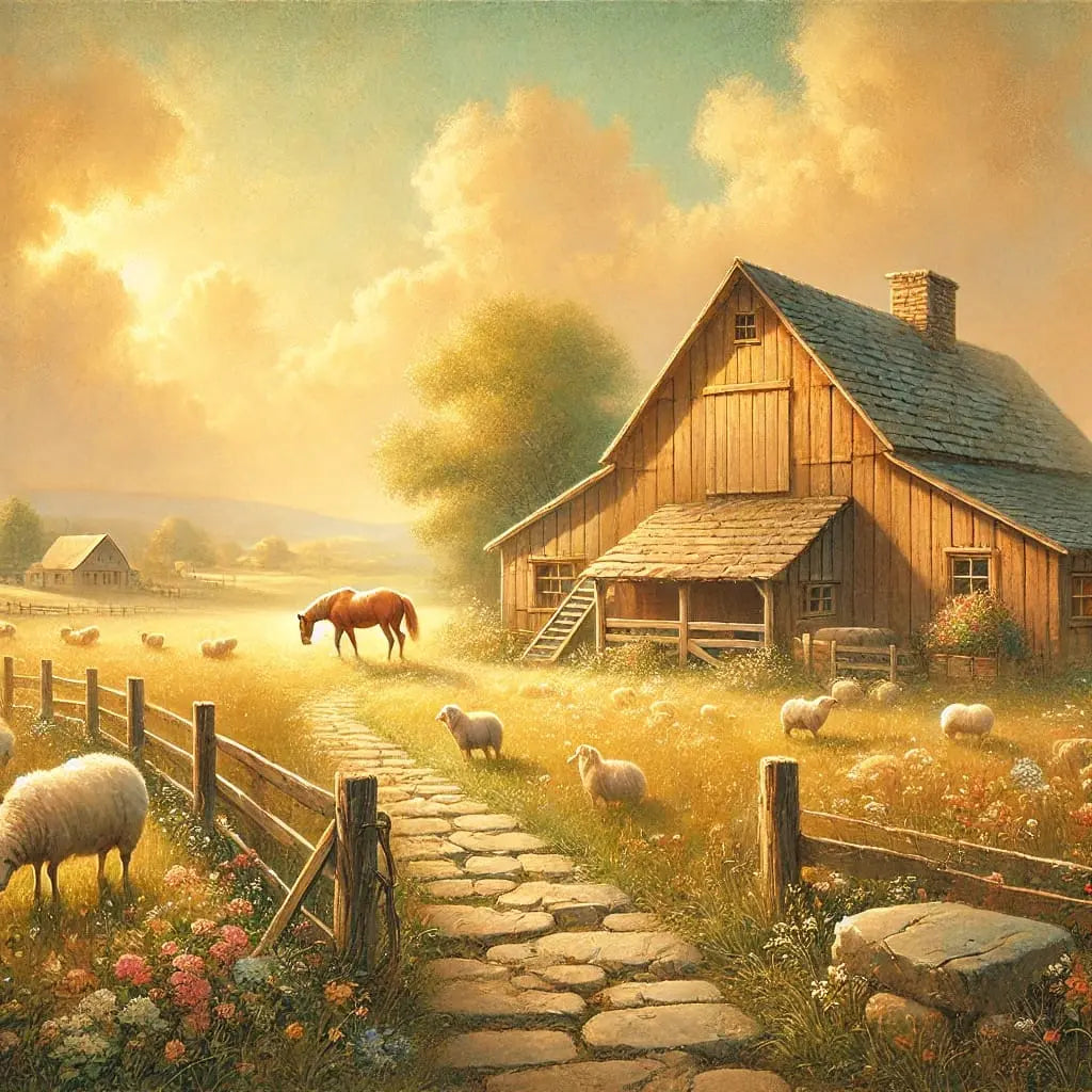 Sonnenbeschienene Bauernhofszene mit Stall und Pferden.