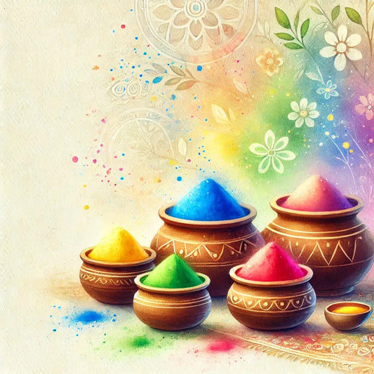 Bunte Pulverfarben und Schalen – Holi-Fest mit farbenfrohem Farbpulver