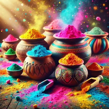 Farbenfrohe Darstellung von Holi-Farben und Farbschalen mit Dekoration