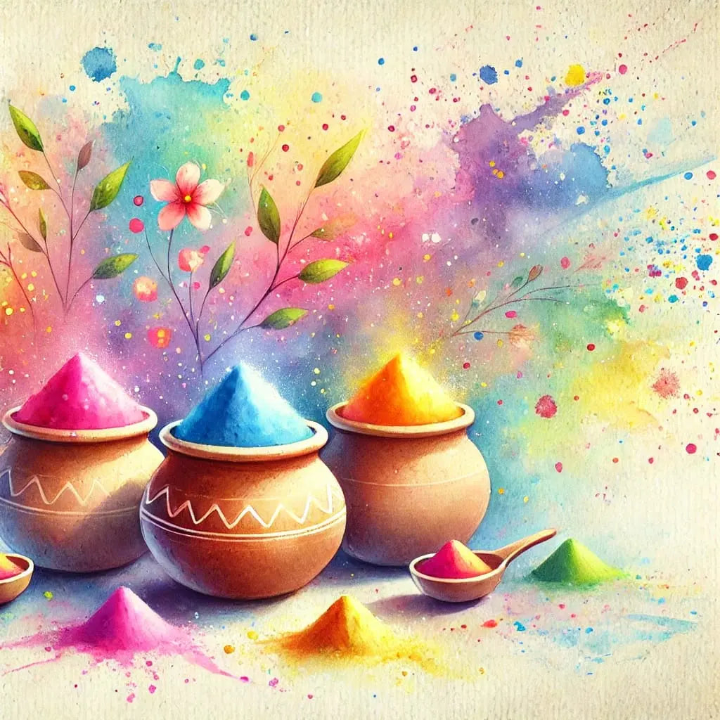 Holi-Fest mit buntem Farbpulver – Leuchtende Darstellung des indischen Holi-Fests mit bunten Pulverhäufchen auf hellem, verspieltem Hintergrund.