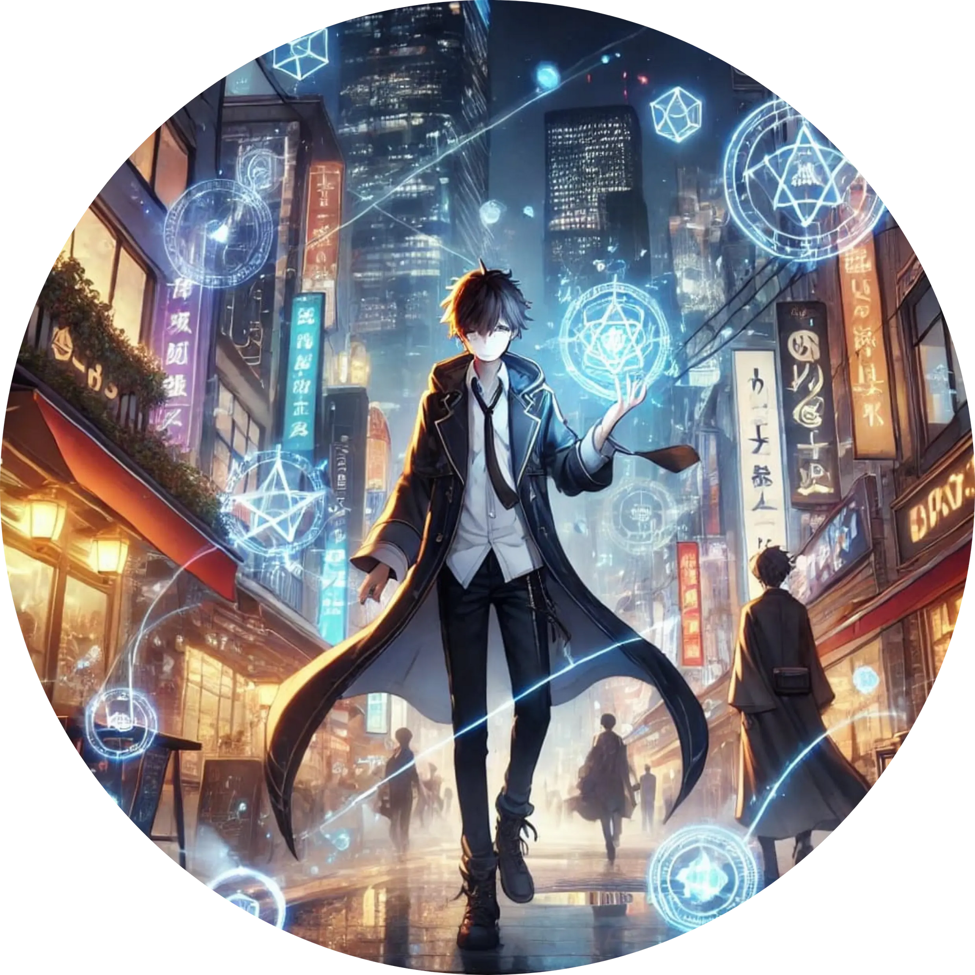 Manga-Junge in futuristischer Metropole mit schwebenden Hologrammen