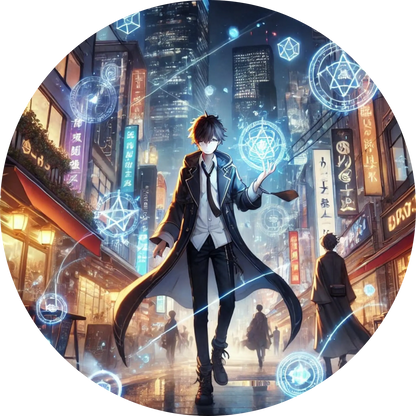 Manga-Junge in futuristischer Metropole mit schwebenden Hologrammen