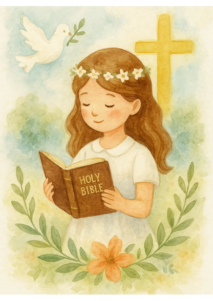 Mädchen mit geschlossenen Augen und goldenem Kreuz im Hintergrund – symbolisch und kindlich