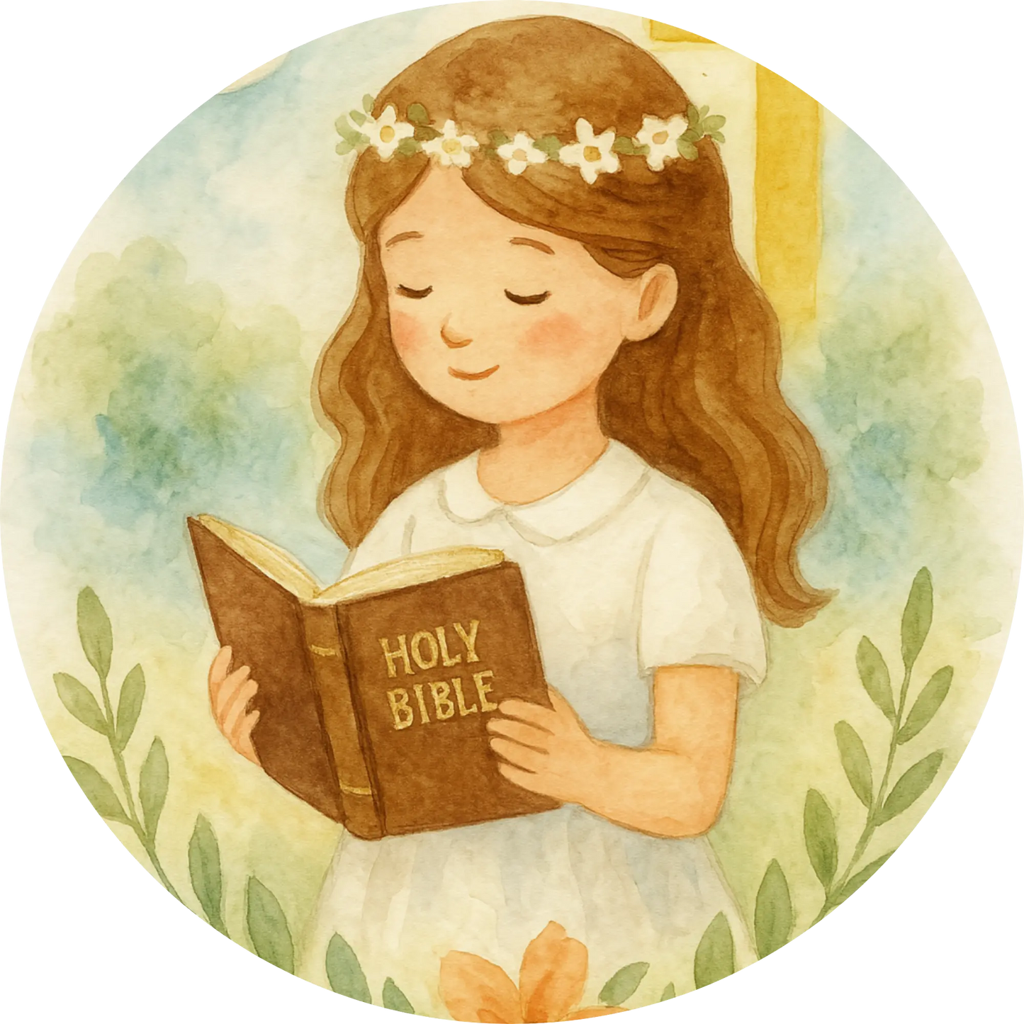 Mädchen mit Bibel in der Hand vor goldgrünem Hintergrund – Kommunion

