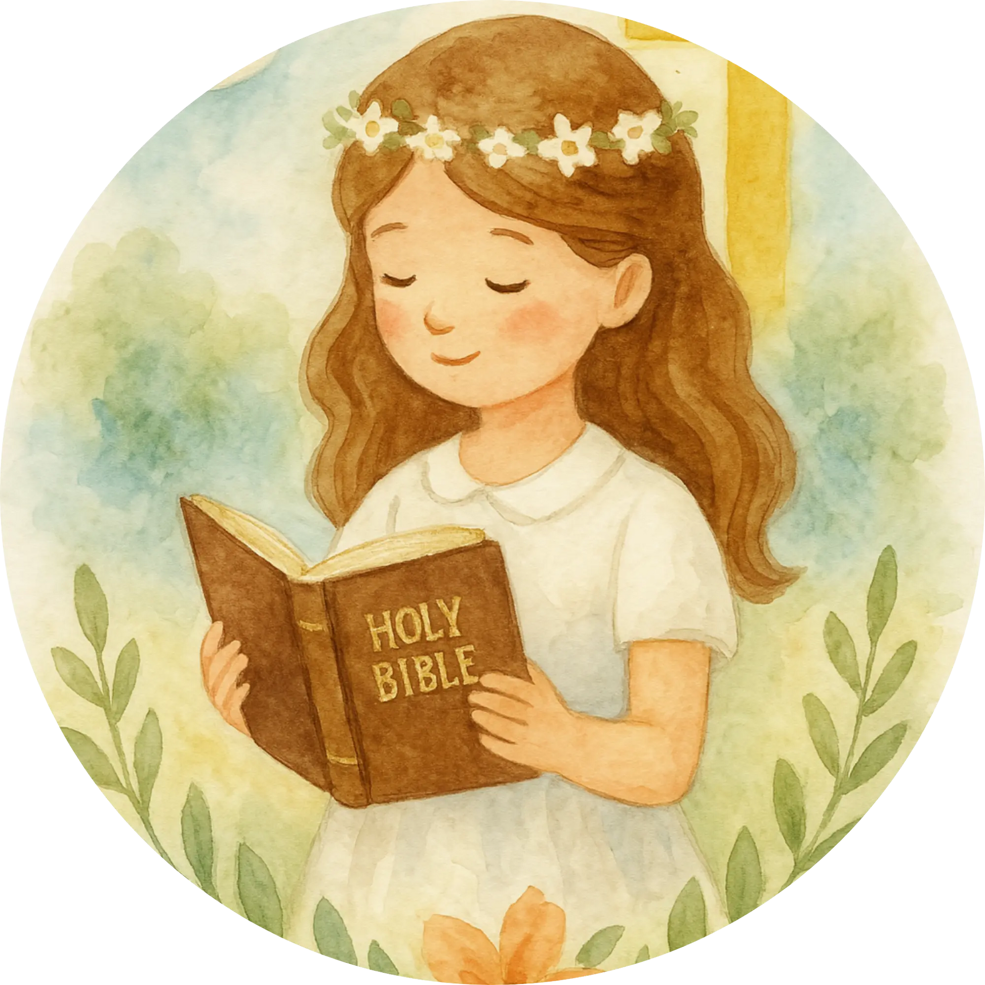 Mädchen mit Bibel in der Hand vor goldgrünem Hintergrund – Kommunion

