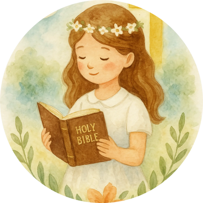 Mädchen mit Bibel in der Hand vor goldgrünem Hintergrund – Kommunion

