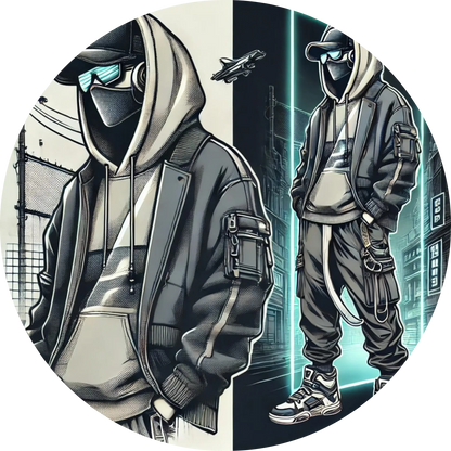 Zwei Jugendliche in Kapuzenjacken in urbanem Schwarz-Weiß-Stil.