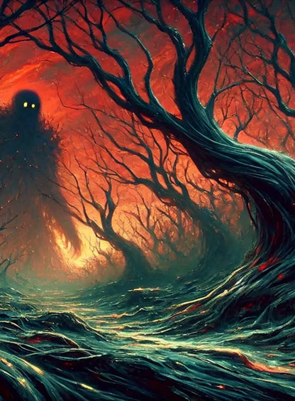 Bedrohliches Wesen mit Sense und glühenden Augen in feuriger, apokalyptischer Umgebung – düsteres Symbol für Tod oder Schattenwelt.