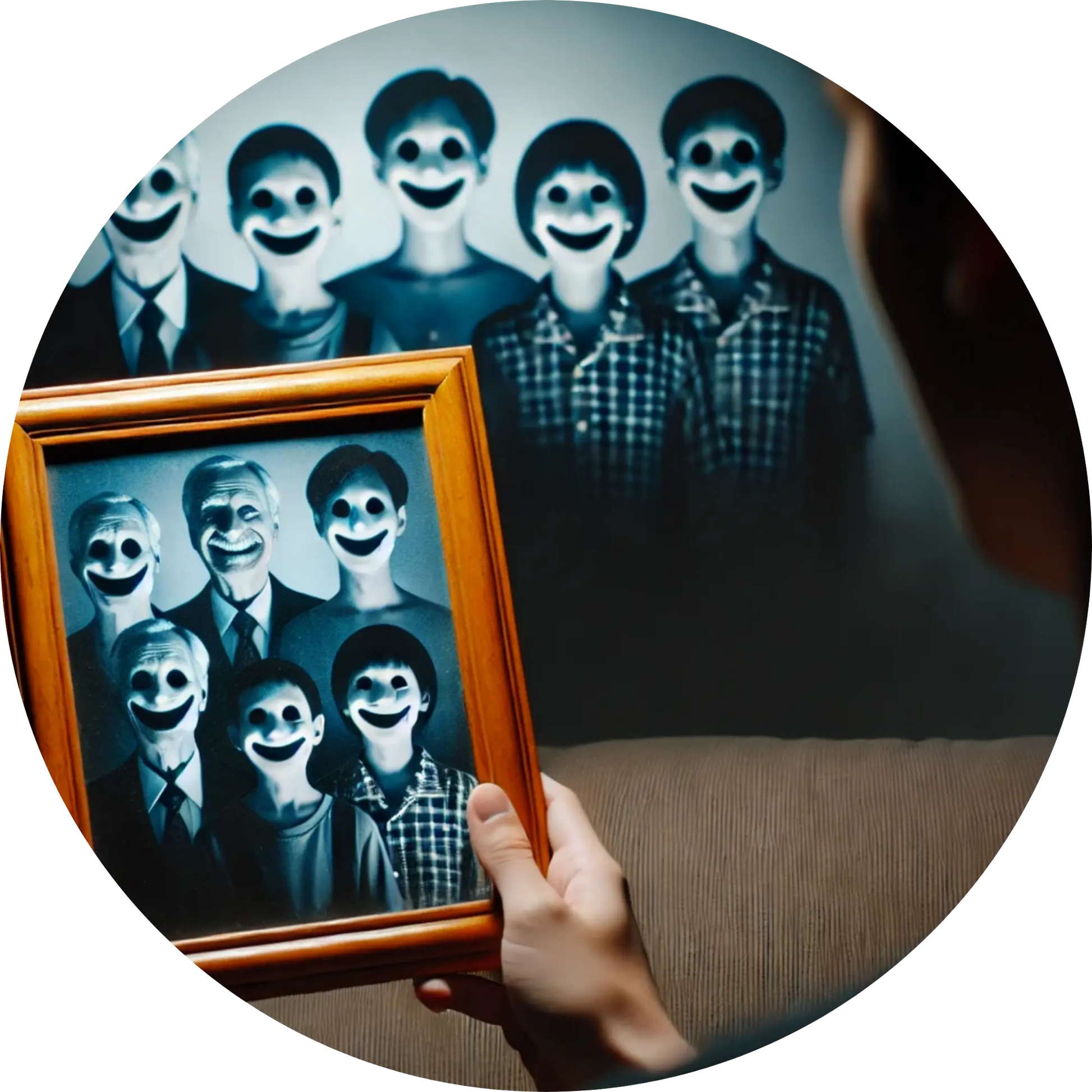 Junge hält ein Foto, das ein gespenstisches Gruppenfoto zum Leben erweckt