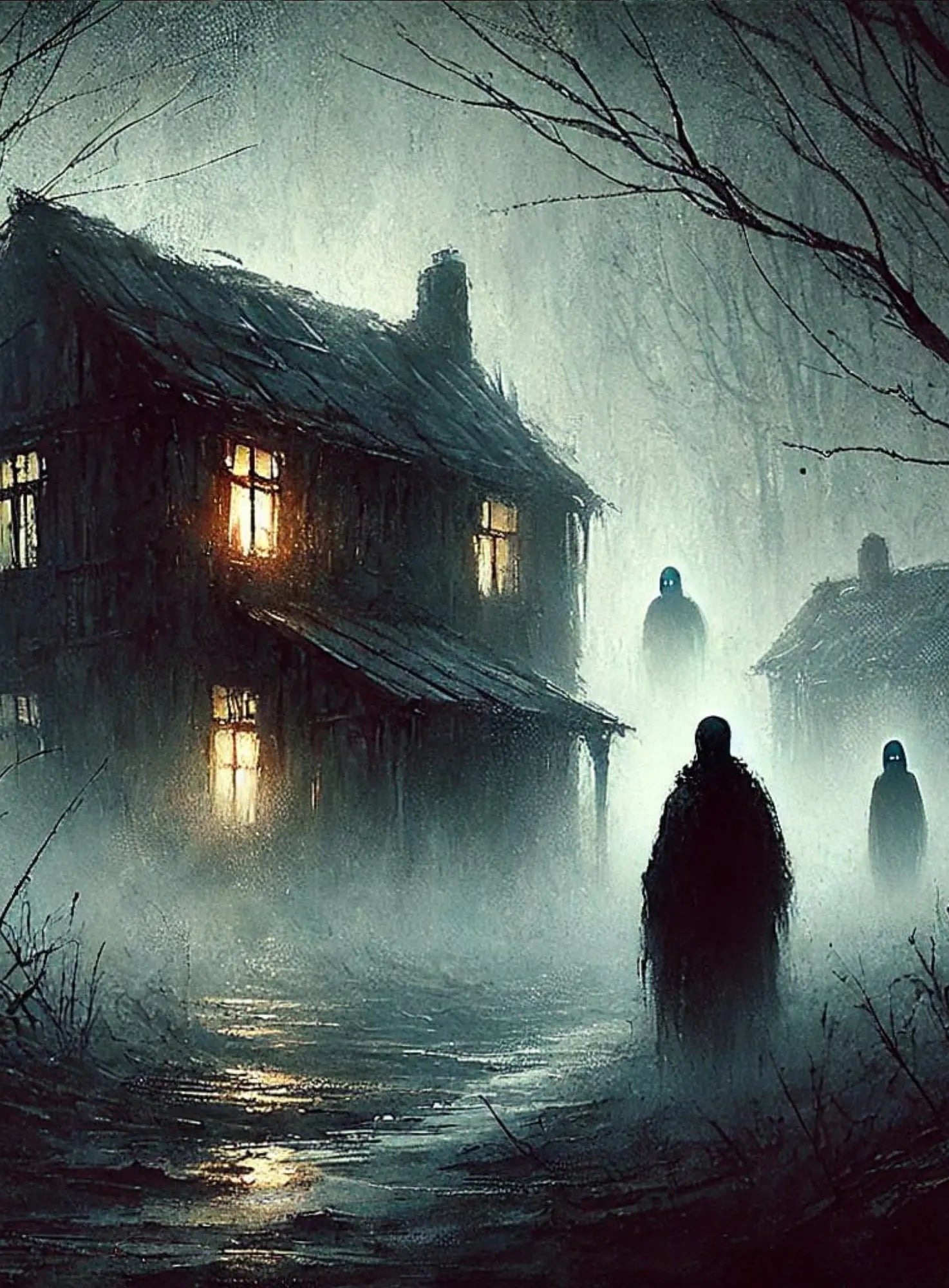 Verlassene Häuser im Nebel mit düsterer Atmosphäre – schemenhafte Gestalten mit leuchtenden Augen nähern sich auf einem matschigen Pfad. Gruselige Waldlandschaft im Zwielicht.