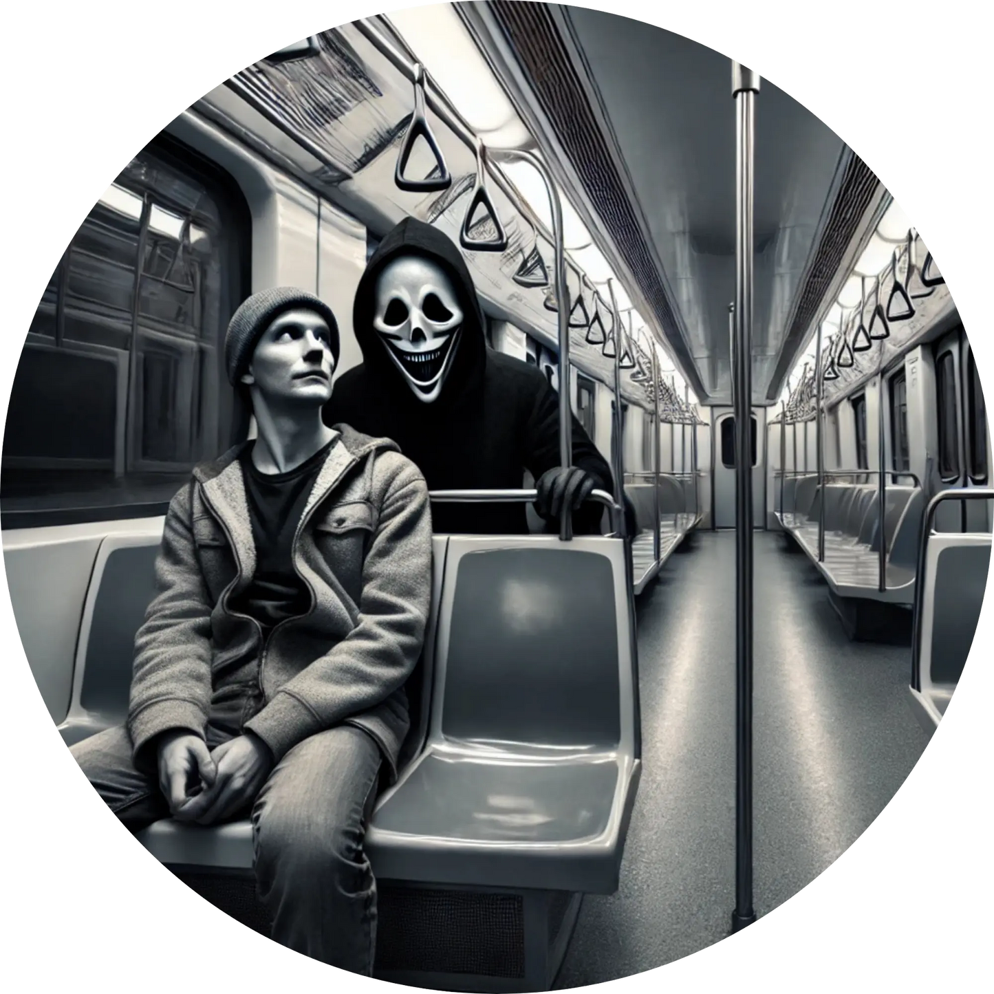 Person mit Kapuze sitzt allein in U-Bahn, düstere Atmosphäre