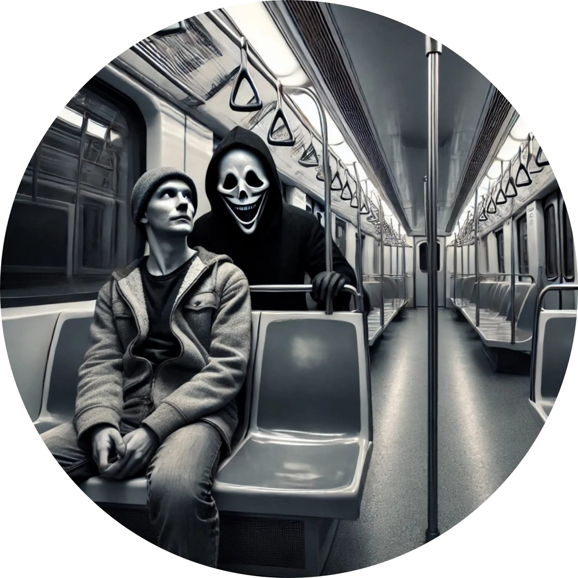 Person mit Kapuze sitzt allein in U-Bahn, düstere Atmosphäre