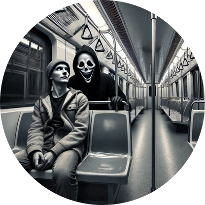 Person mit Kapuze sitzt allein in U-Bahn, düstere Atmosphäre