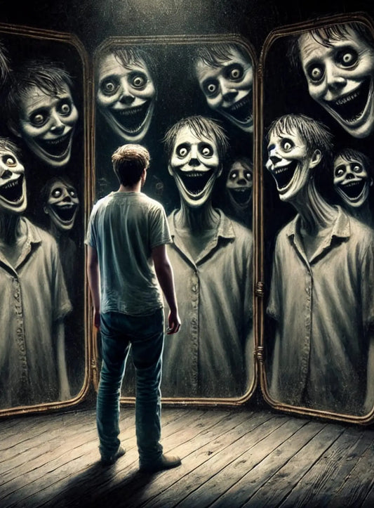 Gruselige Menschenmenge mit ausdruckslosen Gesichtern und dunklen Augenhöhlen. Albtraumhafte Darstellung von Gleichschaltung und Identitätsverlust.