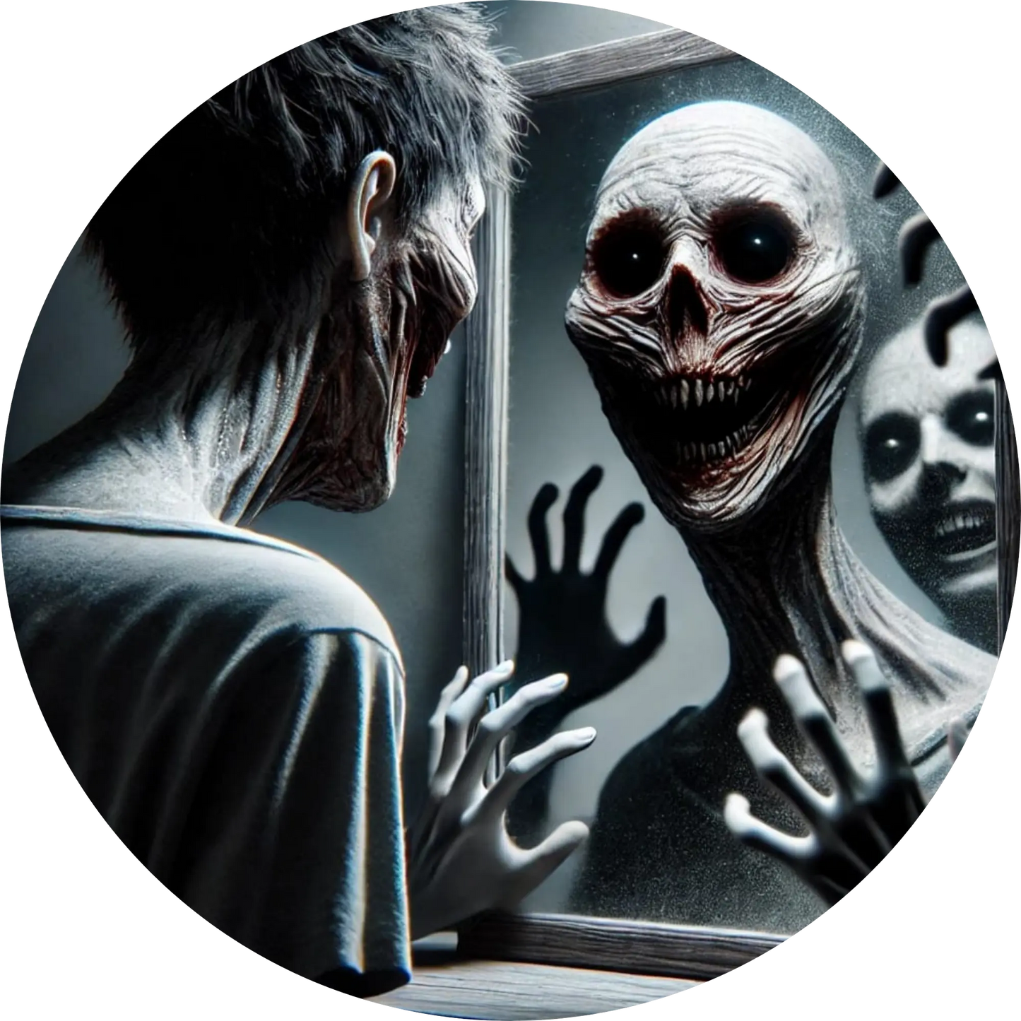 Skelettähnliche Kreatur flüstert in das Ohr eines verängstigten Mannes, der in den Spiegel guckt